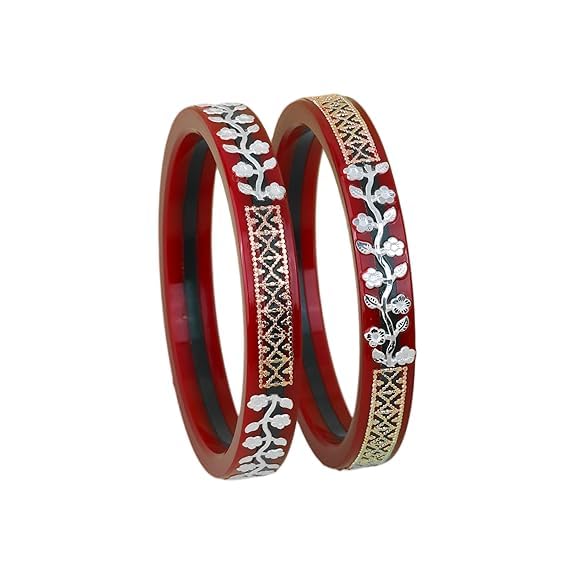 Bapa Sitaram Jewels |925 Sterling Silver Kada Set for Women, Red Enamel Bangles with Floral Vine Design & Rose Gold Detailing, Designer Traditional Bangle Set | BPJ_38