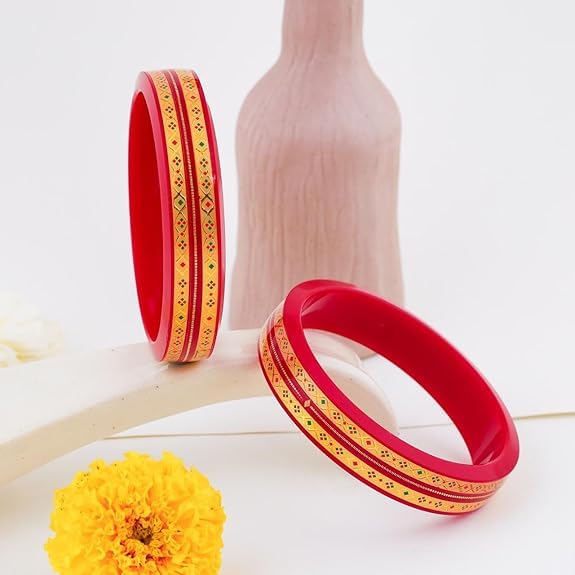 Traditional Red Pola Bangles with Wide 22K Gold | Diamond Pattern Enamel Detail | Ethnic Wedding Kada for Women | Set of 2 | BPJ_31