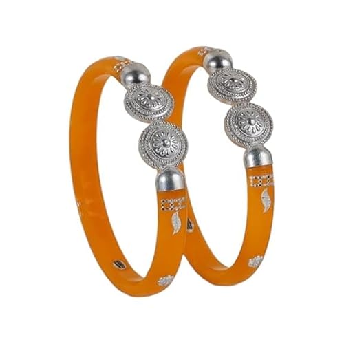 925 Sterling Silver Mustard Yellow Pola Bangles with Double Medallion Inlay | Contemporary Silver Kada for Women | Ethnic Haldi Jewelry | Set of 2 | BPJ_26
