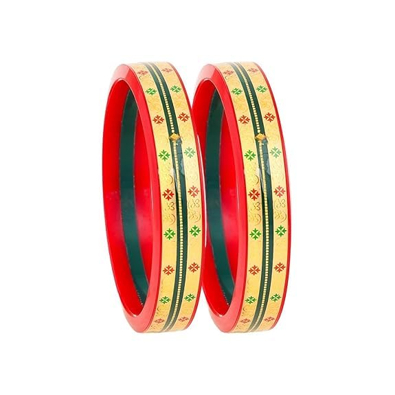 22K Gold Red Green Pola Kada for Women | Traditional Floral Enamel Design | Ethnic Jewelry Gift for Weddings & Festivals | Pair of 2 | BPJ_32