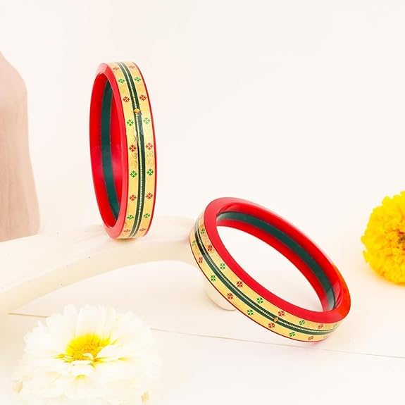 22K Gold Red Green Pola Kada for Women | Traditional Floral Enamel Design | Ethnic Jewelry Gift for Weddings & Festivals | Pair of 2 | BPJ_32
