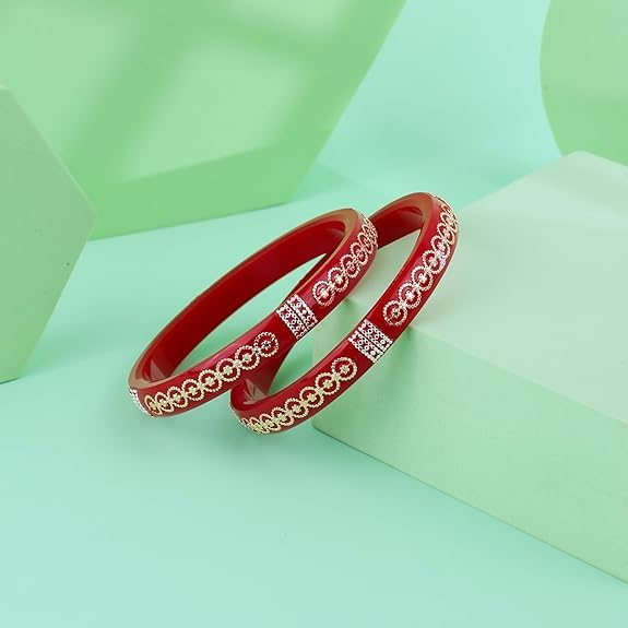 Bapa Sitaram Jewels |925 Sterling Silver Kada Set for Women, Red Enamel Bangles with Floral Vine Design & Rose Gold Detailing, Designer Traditional Bangle Set | BPJ_39