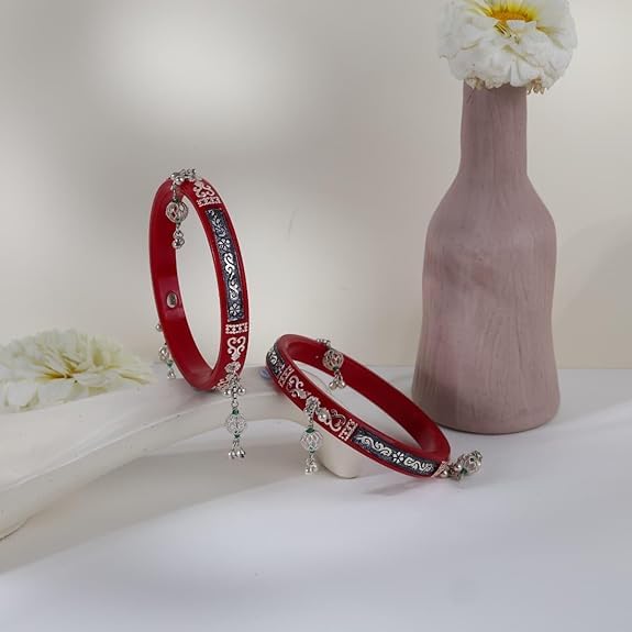 925 Sterling Silver Red Pola Bangles with Oxidized Floral Inlay & Green Bead Hanging Ghungroos | Traditional Latkan Style Silver Kada for Women | Pair of 2 | BPJ_025
