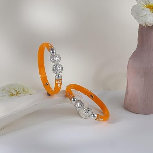 925 Sterling Silver Mustard Yellow Pola Bangles with Double Medallion Inlay | Contemporary Silver Kada for Women | Ethnic Haldi Jewelry | Set of 2 | BPJ_26