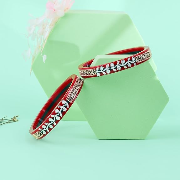 Bapa Sitaram Jewels |925 Sterling Silver Kada Set for Women, Red Enamel Bangles with Floral Vine Design & Rose Gold Detailing, Designer Traditional Bangle Set | BPJ_38