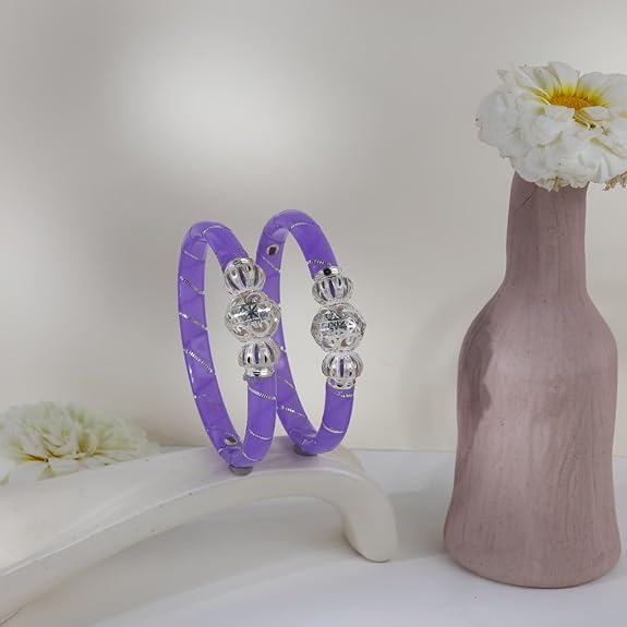 925 Sterling Silver Purple Pola Bangles for Women | Traditional Lavender Kada with Silver Wire Work | Ethnic Jewelry Gift for Festivals | Set of 2 (BPJ_20)