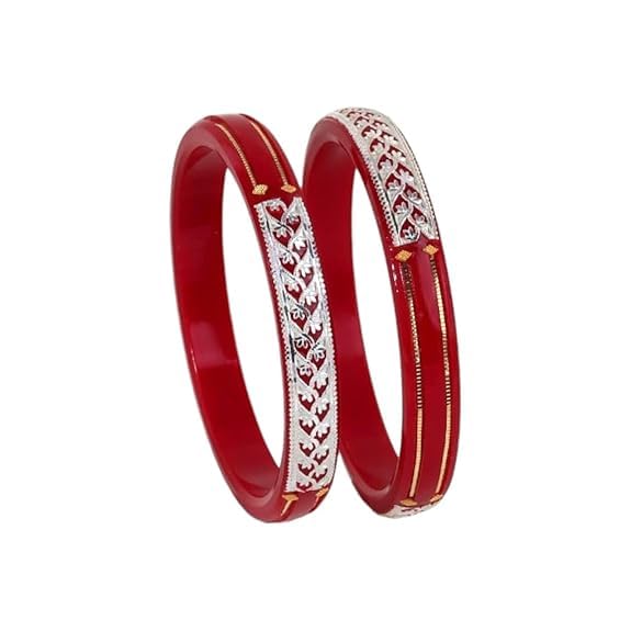 Floral Vine 925 Silver & 22K Gold Pola Bangles | Traditional Red Sankha Pola Kada with Gold Accents | Ethnic Bridal Jewelry | Set of 2 |BPG_21