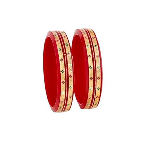 Traditional Red Pola Bangles with 22K Gold | Colorful Floral Enamel | Ethnic Wedding Kada for Women | Set of 2 | BPJ_30