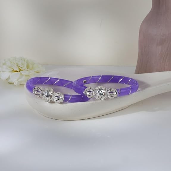 925 Sterling Silver Purple Pola Bangles for Women | Traditional Lavender Kada with Silver Wire Work | Ethnic Jewelry Gift for Festivals | Set of 2 (BPJ_20)