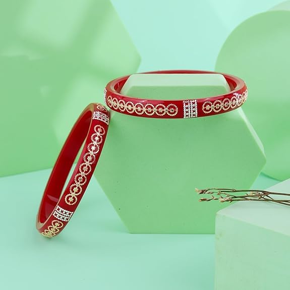 Bapa Sitaram Jewels |925 Sterling Silver Kada Set for Women, Red Enamel Bangles with Floral Vine Design & Rose Gold Detailing, Designer Traditional Bangle Set | BPJ_39