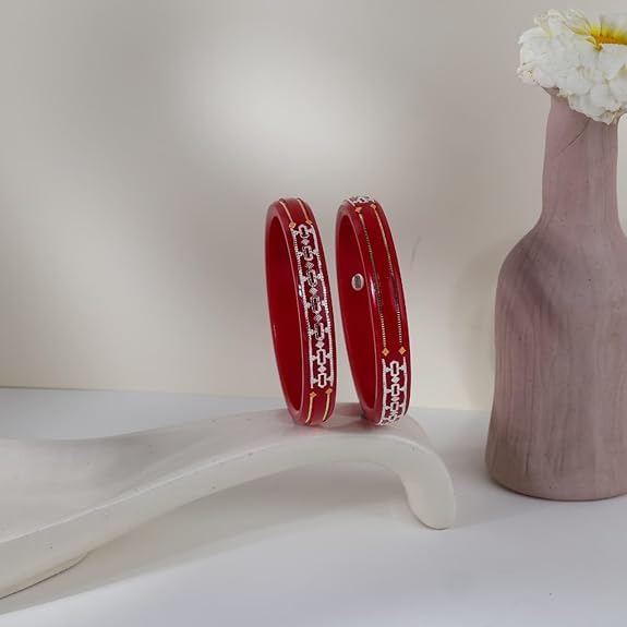Traditional Red Pola Kada Set with 925 Silver & 22K Gold Accents | Ethnic Bridal Bangles for Women | Set of 2 | BPJ_022