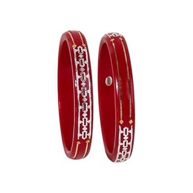 Traditional Red Pola Kada Set with 925 Silver & 22K Gold Accents | Ethnic Bridal Bangles for Women | Set of 2 | BPJ_022
