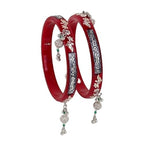 925 Sterling Silver Red Pola Bangles with Hanging Ghungroo Tassels & Floral Filigree | Traditional Latkan Style Silver Kada for Women | Set of 2 | BPJ_24
