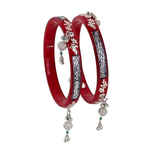 925 Sterling Silver Red Pola Bangles with Hanging Ghungroo Tassels & Floral Filigree | Traditional Latkan Style Silver Kada for Women | Set of 2 | BPJ_24