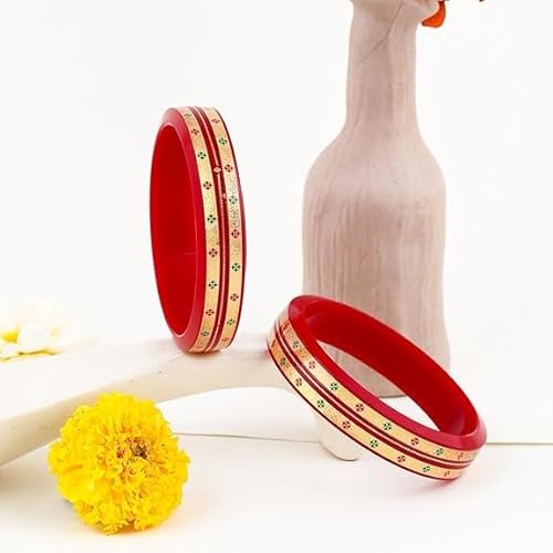 Traditional Red Pola Bangles with 22K Gold | Colorful Floral Enamel | Ethnic Wedding Kada for Women | Set of 2 | BPJ_30
