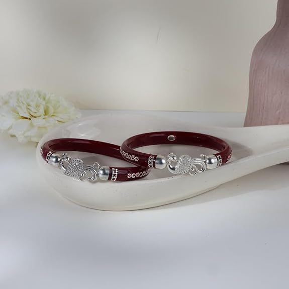 925 Sterling Silver Maroon Pola Bangles with Majestic Peacock Motif | Traditional Silver Kada for Women | Ethnic Bridal & Wedding Jewelry | Set of 2 | BPJ_027