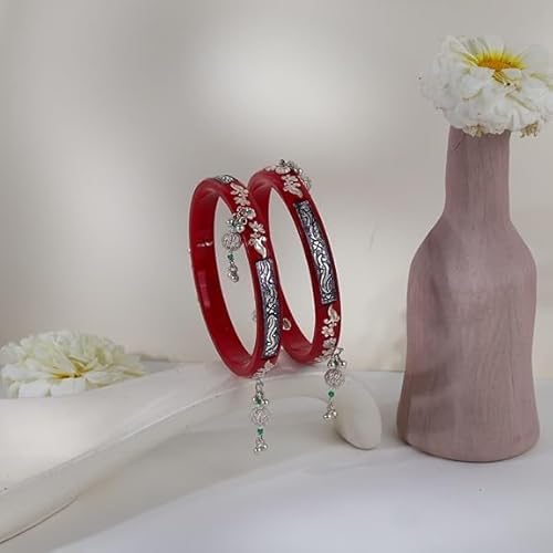 925 Sterling Silver Red Pola Bangles with Hanging Ghungroo Tassels & Floral Filigree | Traditional Latkan Style Silver Kada for Women | Set of 2 | BPJ_24