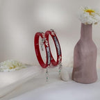 925 Sterling Silver Red Pola Bangles with Hanging Ghungroo Tassels & Floral Filigree | Traditional Latkan Style Silver Kada for Women | Set of 2 | BPJ_24