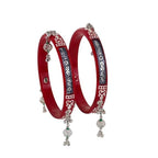 925 Sterling Silver Red Pola Bangles with Oxidized Floral Inlay & Green Bead Hanging Ghungroos | Traditional Latkan Style Silver Kada for Women | Pair of 2 | BPJ_025