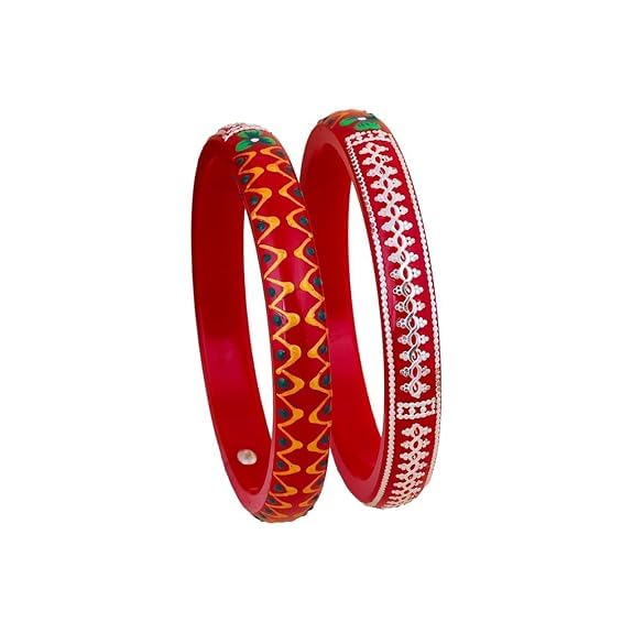 925 Sterling Silver Red Pola Kada for Women | Hand-Painted Zigzag Design & Silver Wire Work Bangles | Traditional Ethnic Jewelry Gift for Festivals | Pair of 2 | BPJ_33
