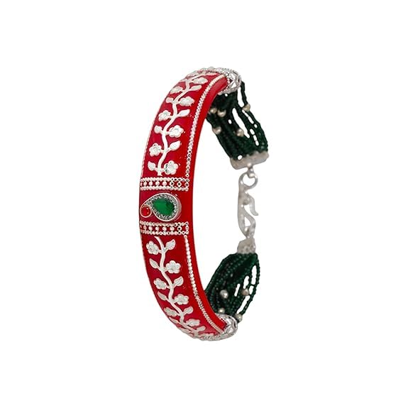 925 Sterling Silver Red Pola Kada for Women | Traditional Bengali Sakha Pola Bracelet with Green Bead Strands | Floral Silver Work Ethnic Gift | Single Piece| BPJ_029