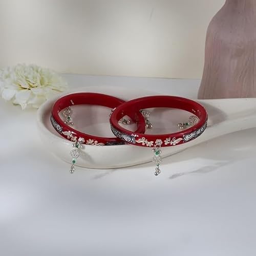925 Sterling Silver Red Pola Bangles with Hanging Ghungroo Tassels & Floral Filigree | Traditional Latkan Style Silver Kada for Women | Set of 2 | BPJ_24