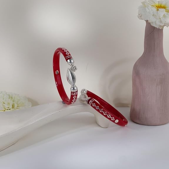 925 Sterling Silver Red Pola Kada Set featuring Intricate Silver Engravings and Leaf Charm Ends | Traditional Bengali Style Pola Bangles | | BPJ_023