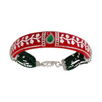 925 Sterling Silver Red Pola Kada for Women | Traditional Bengali Sakha Pola Bracelet with Green Bead Strands | Floral Silver Work Ethnic Gift | Single Piece| BPJ_029