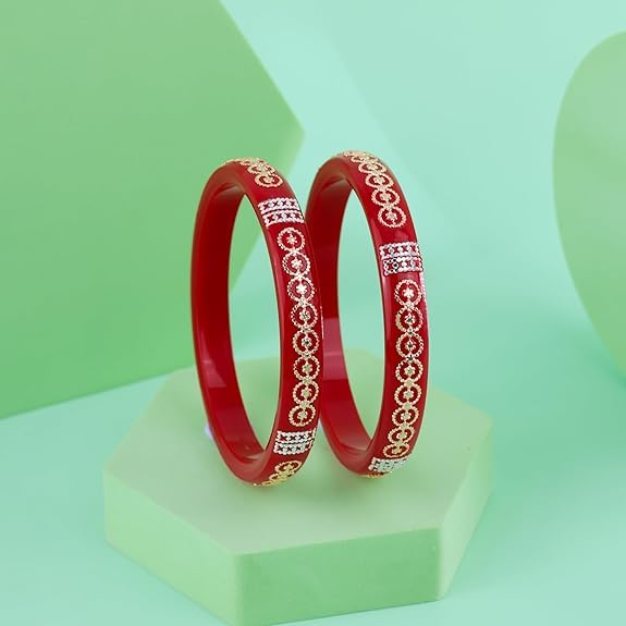 Bapa Sitaram Jewels |925 Sterling Silver Kada Set for Women, Red Enamel Bangles with Floral Vine Design & Rose Gold Detailing, Designer Traditional Bangle Set | BPJ_39