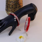 925 Sterling Silver Red Pola Bangles with Hanging Ghungroo Tassels & Floral Filigree | Traditional Latkan Style Silver Kada for Women | Set of 2 | BPJ_24