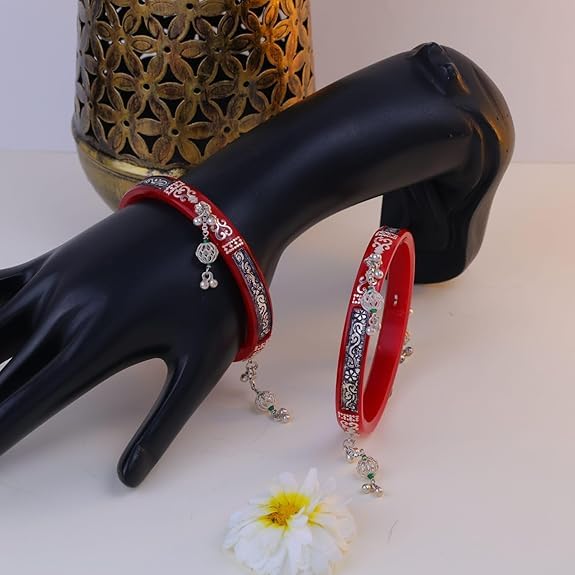 925 Sterling Silver Red Pola Bangles with Oxidized Floral Inlay & Green Bead Hanging Ghungroos | Traditional Latkan Style Silver Kada for Women | Pair of 2 | BPJ_025