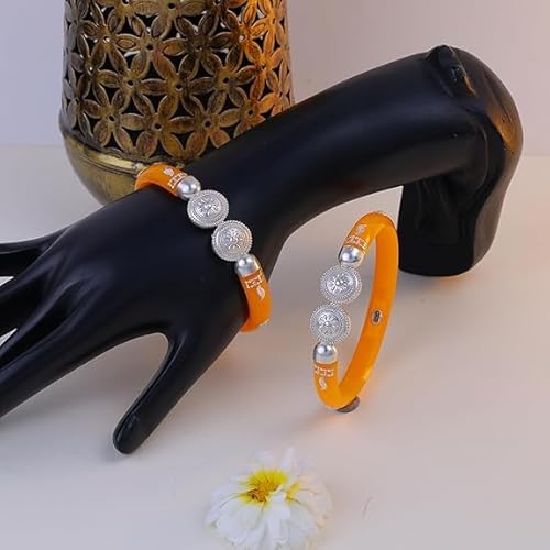 925 Sterling Silver Mustard Yellow Pola Bangles with Double Medallion Inlay | Contemporary Silver Kada for Women | Ethnic Haldi Jewelry | Set of 2 | BPJ_26
