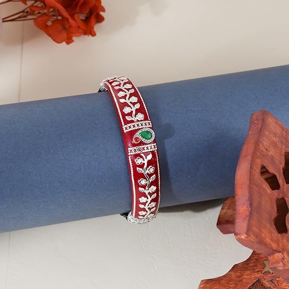 925 Sterling Silver Red Pola Kada for Women | Traditional Bengali Sakha Pola Bracelet with Green Bead Strands | Floral Silver Work Ethnic Gift | Single Piece| BPJ_029