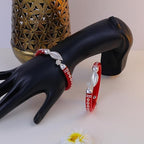 925 Sterling Silver Red Pola Kada Set featuring Intricate Silver Engravings and Leaf Charm Ends | Traditional Bengali Style Pola Bangles | | BPJ_023