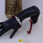 925 Sterling Silver Maroon Pola Bangles with Majestic Peacock Motif | Traditional Silver Kada for Women | Ethnic Bridal & Wedding Jewelry | Set of 2 | BPJ_027