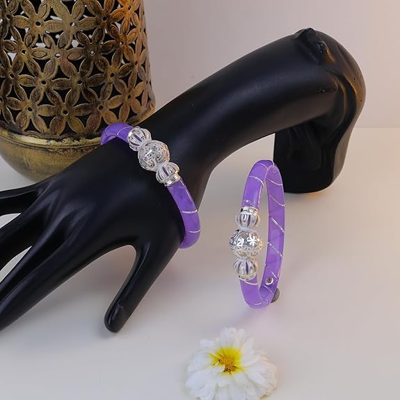 925 Sterling Silver Purple Pola Bangles for Women | Traditional Lavender Kada with Silver Wire Work | Ethnic Jewelry Gift for Festivals | Set of 2 (BPJ_20)