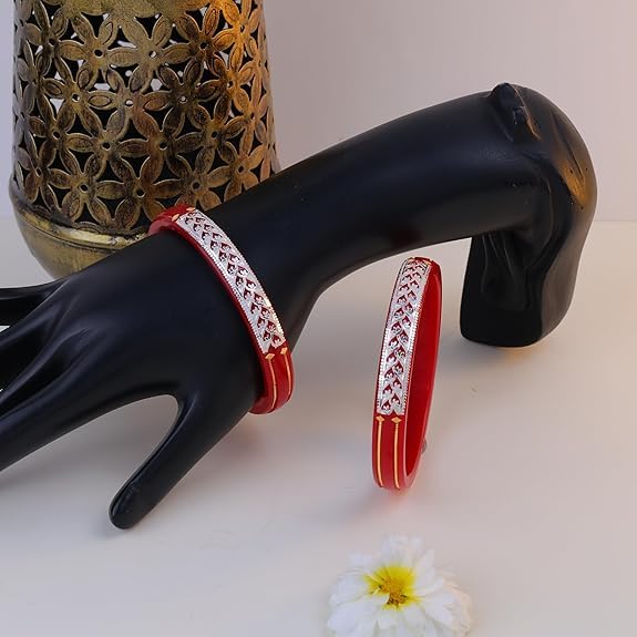 Floral Vine 925 Silver & 22K Gold Pola Bangles | Traditional Red Sankha Pola Kada with Gold Accents | Ethnic Bridal Jewelry | Set of 2 |BPG_21