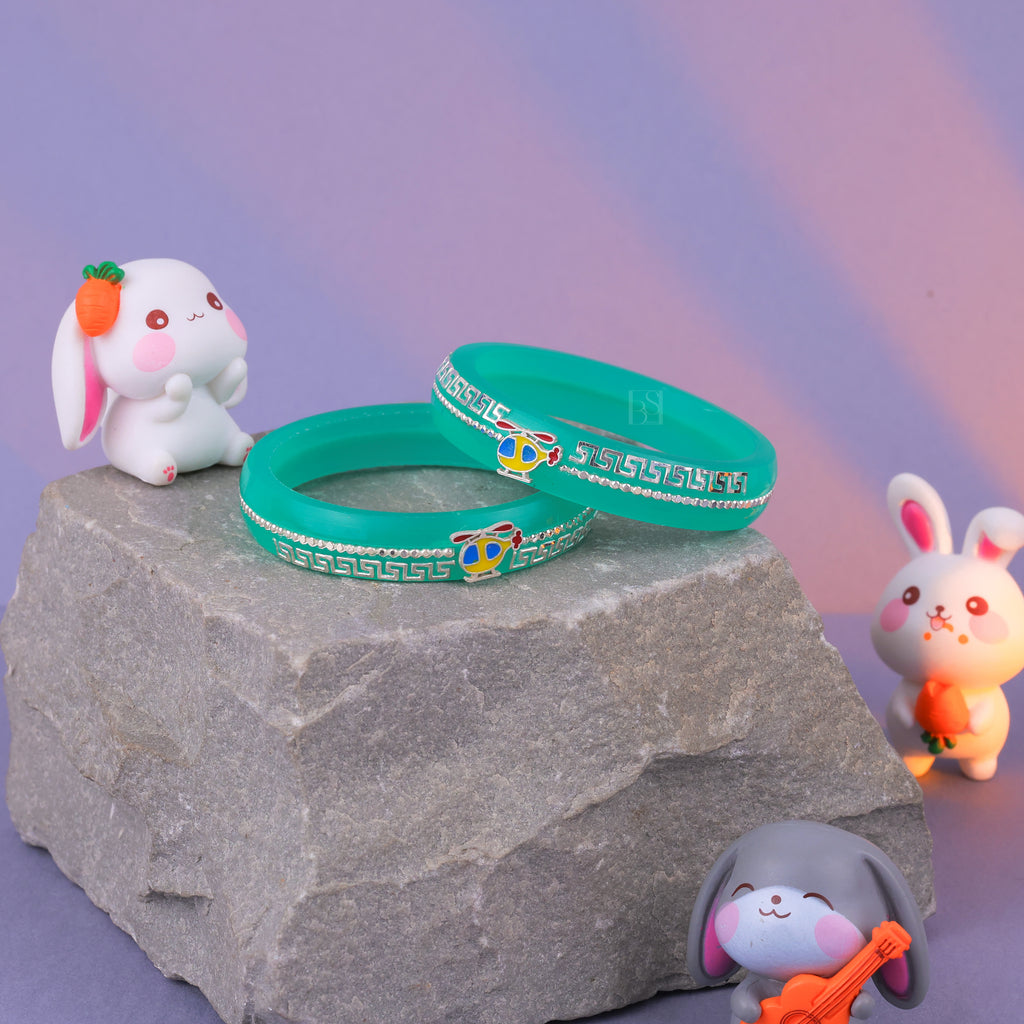 Girls' Turquoise Blue Designer Bangles with Silver-Tone Detailing | Traditional Ethnic Jewellery