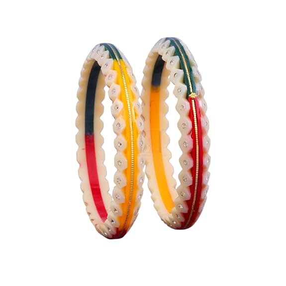 Gold Pola Bangles for Women | Traditional Ivory Bengali Pola Chudi with Tricolor Gold Foil Design | Handmade Ethnic Wedding Festival Bangles | Lightweight Designer Jewelry