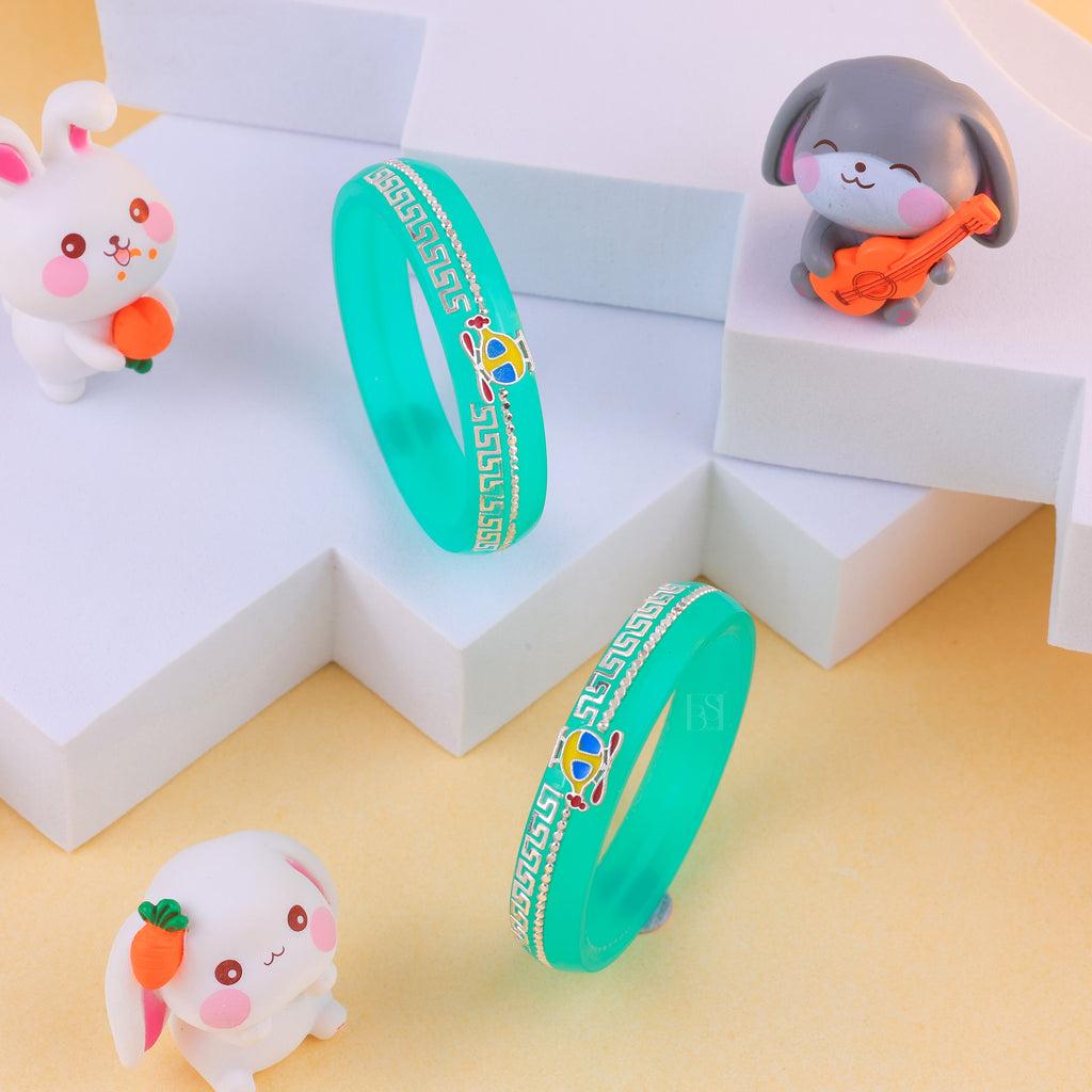 Girls' Turquoise Blue Designer Bangles with Silver-Tone Detailing | Traditional Ethnic Jewellery