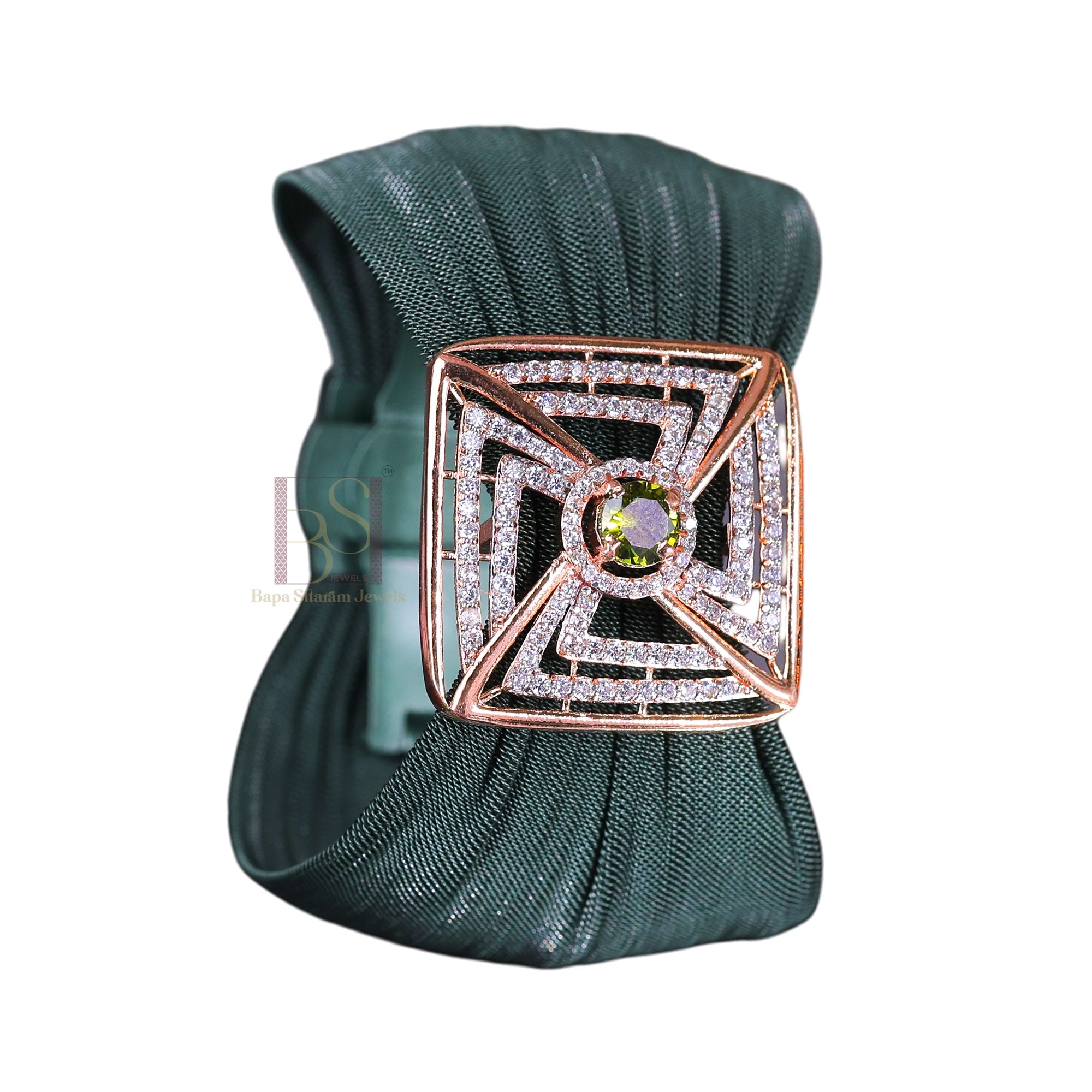 925 Sterling Silver Rose Gold Geometric Mesh Cuff Bracelet with Green Stone for Women | Adjustable Luxury Statement Bracelet | 8 Gram