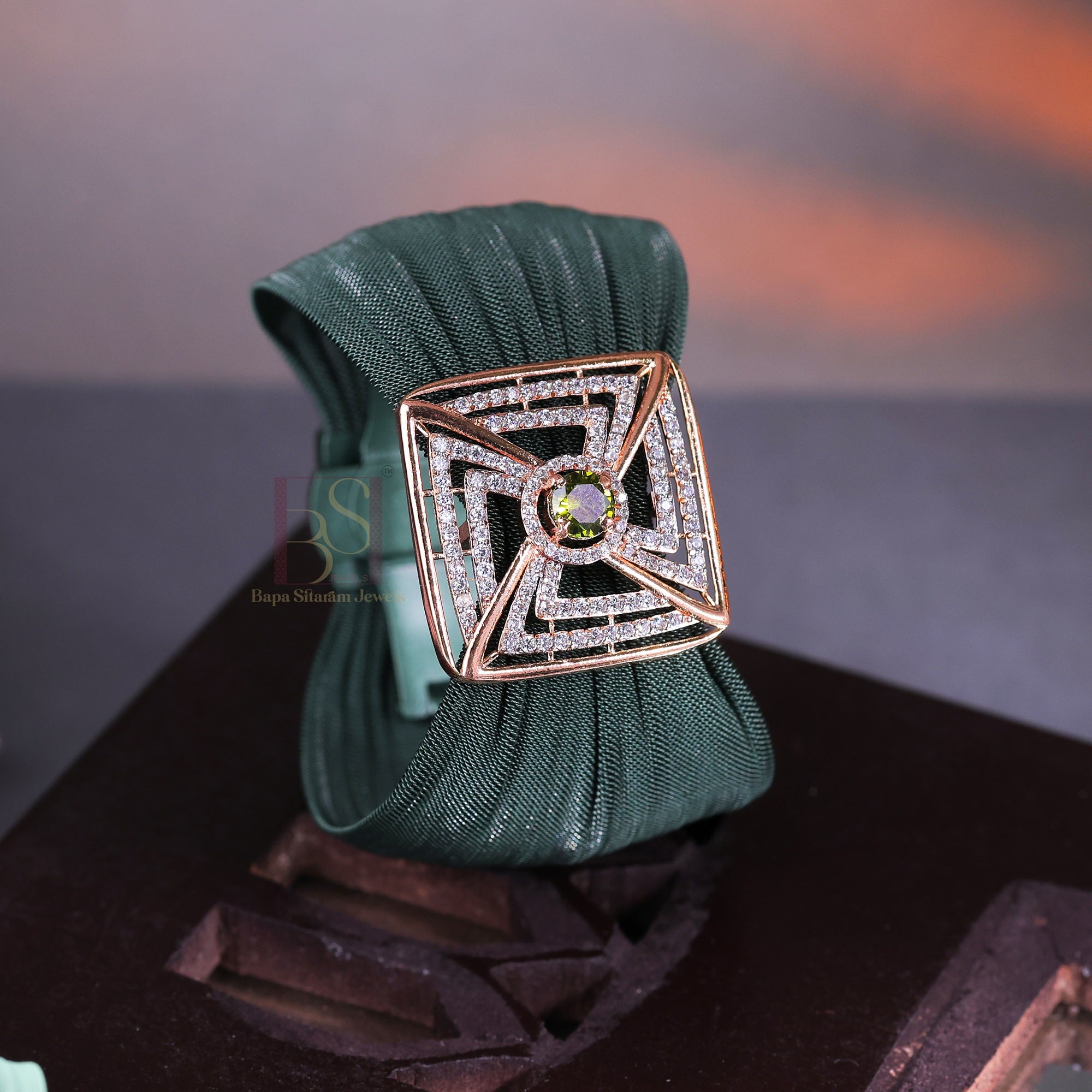 925 Sterling Silver Rose Gold Geometric Mesh Cuff Bracelet with Green Stone for Women | Adjustable Luxury Statement Bracelet | 8 Gram