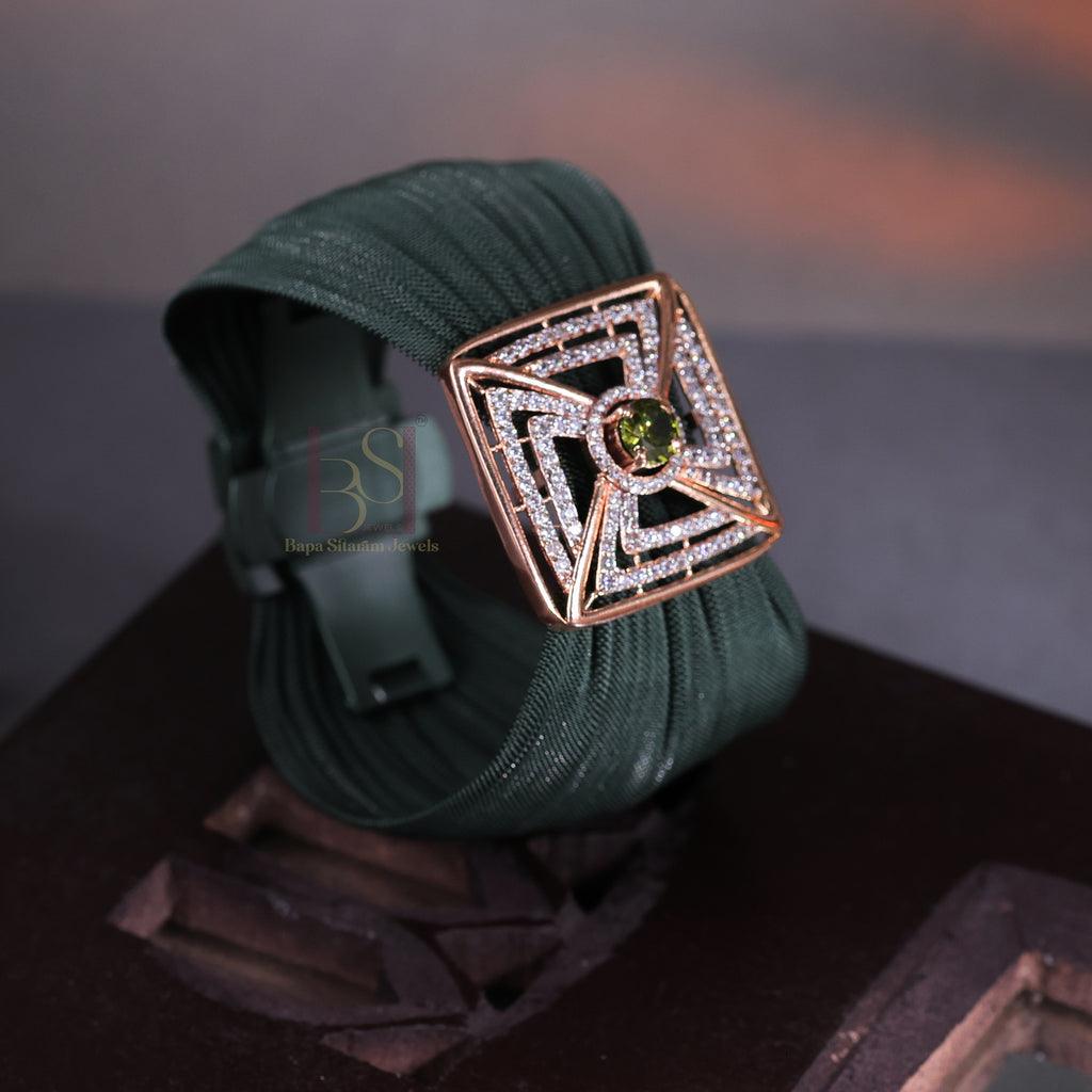 925 Sterling Silver Rose Gold Geometric Mesh Cuff Bracelet with Green Stone for Women | Adjustable Luxury Statement Bracelet | 8 Gram