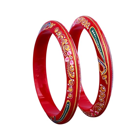 Gold Pola Bangles for Women | Traditional Red Bengali Pola Chudi with Floral & Stone Design | Handmade Ethnic Wedding Festival Bangles | Lightweight Designer Jewelry