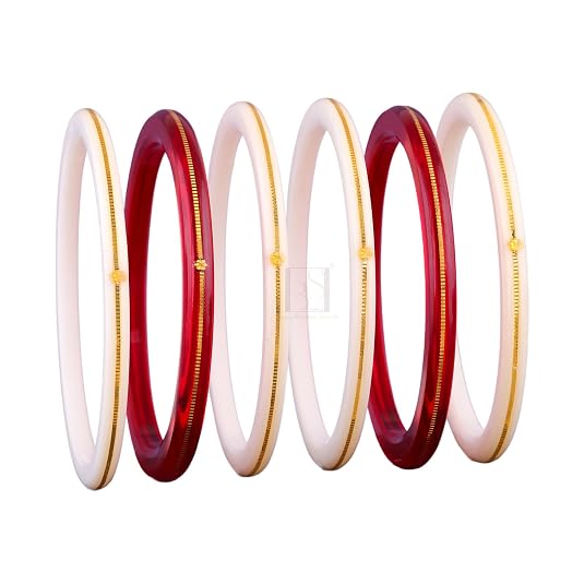 Premium Gold Pola Bangle Set for Women 6.5 Gram Traditional Bengali Handmade Shakha Pola Bangles Red & White Ethnic Bridal Jewelry (Set of 6)