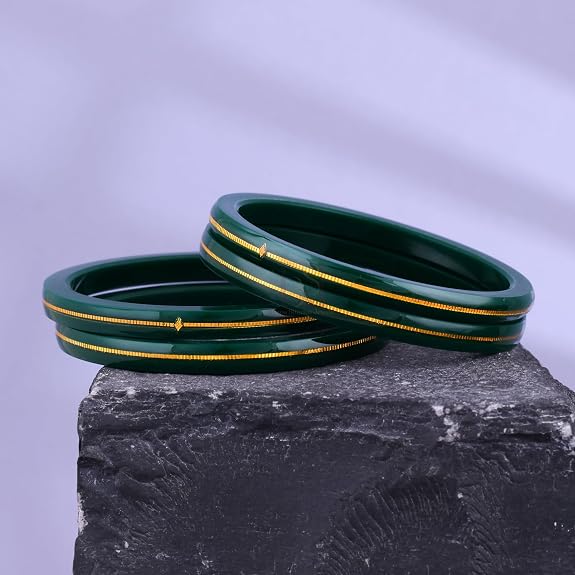 Exclusive Gold Pola Bangles for Women – Dark Green Acrylic Bangles with Gold Line Design | Premium Handmade Traditional Ethnic Chudi for Wedding, Bridal, Festival, Party & Daily Wear | Pack of 2 & 4 | BPJ_77