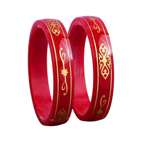 Gold Pola Bangles for Women | Traditional Red Bengali Pola Chudi with Gold Floral Motif Design | Handmade Ethnic Wedding Festival Bangles | Lightweight Designer Jewelry