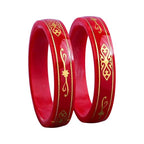 Gold Pola Bangles for Women | Traditional Red Bengali Pola Chudi with Gold Floral Motif Design | Handmade Ethnic Wedding Festival Bangles | Lightweight Designer Jewelry