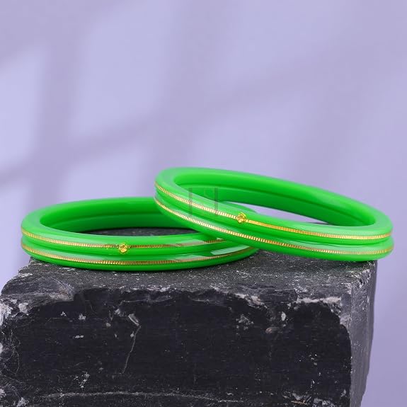 Exclusive Green Gold Line Pola Bangles for Women | Traditional Acrylic Chudi with Gold Line Design | Lightweight Ethnic Wedding & Festival Bangles | Pack of 2 & 4 | BPJ_52