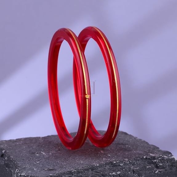 Exclusive Gold Pola Bangles – 22K Gold Plated Traditional Bangle Set for Women | Translucent Ruby Red Chura Kada Bangles | Bengali Ethnic Bridal & Festive Jewelry with Authenticity Card | BPJ_49